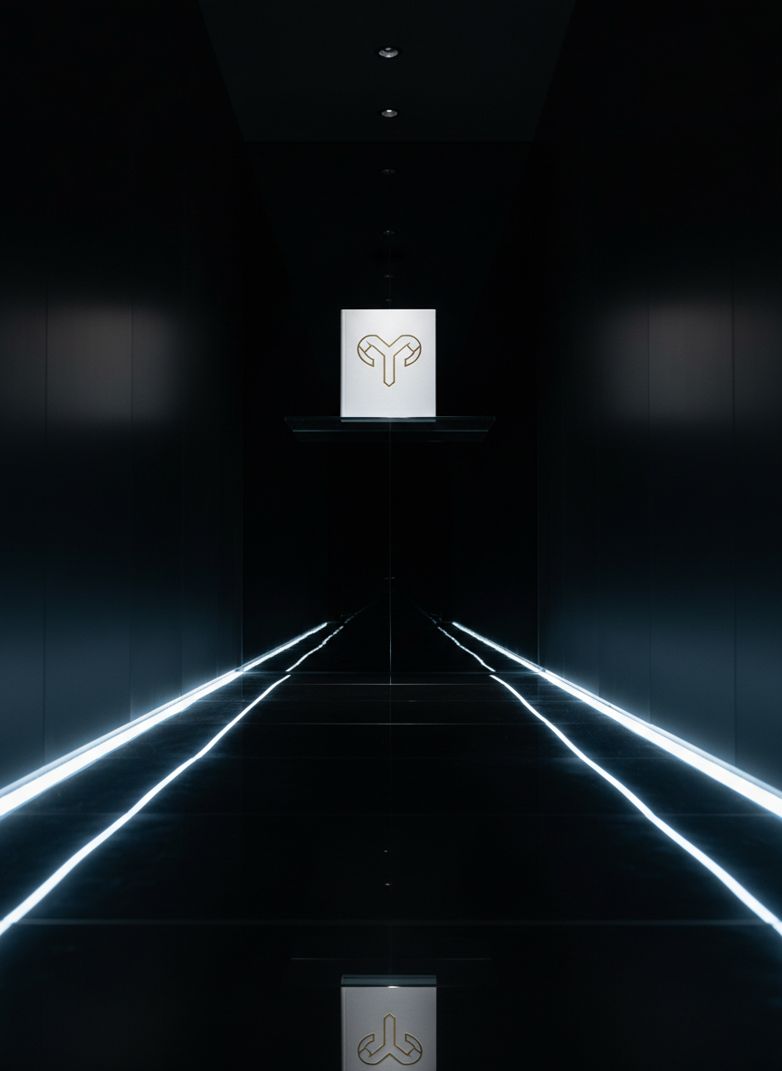 A stark modern hallway with high-gloss black flooring leading to a floating glass shelf where a white hardcover diary with a gold ram symbol stands upright like a trophy under converging LED strip lights.