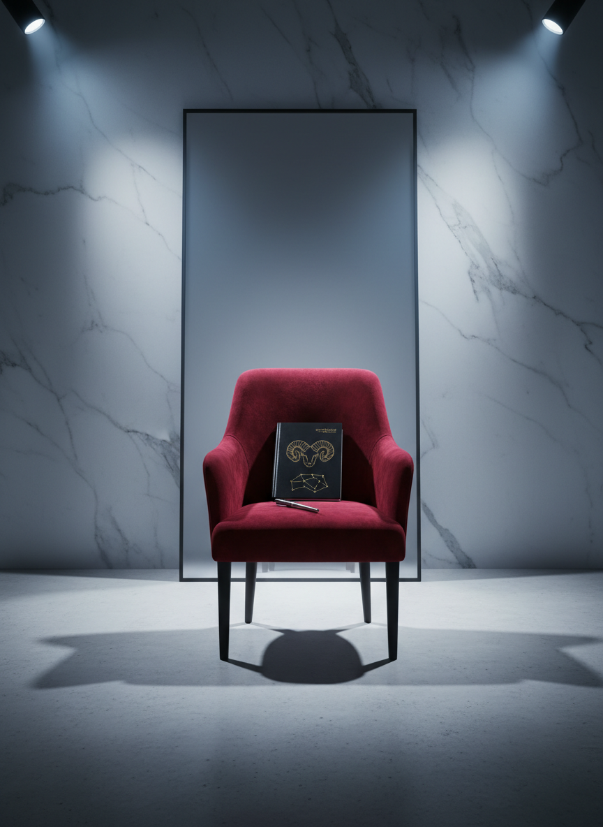 A polished, frameless mirror leaning against a marble wall with a crimson velvet chair and a glossy black notebook with a golden ram constellation on its cover.